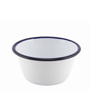 Enamel Round Pudding Basin White and Blue Rim 12cm