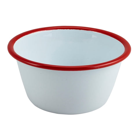 Enamel Round Deep Pie Dish White with Red Rim 12cm