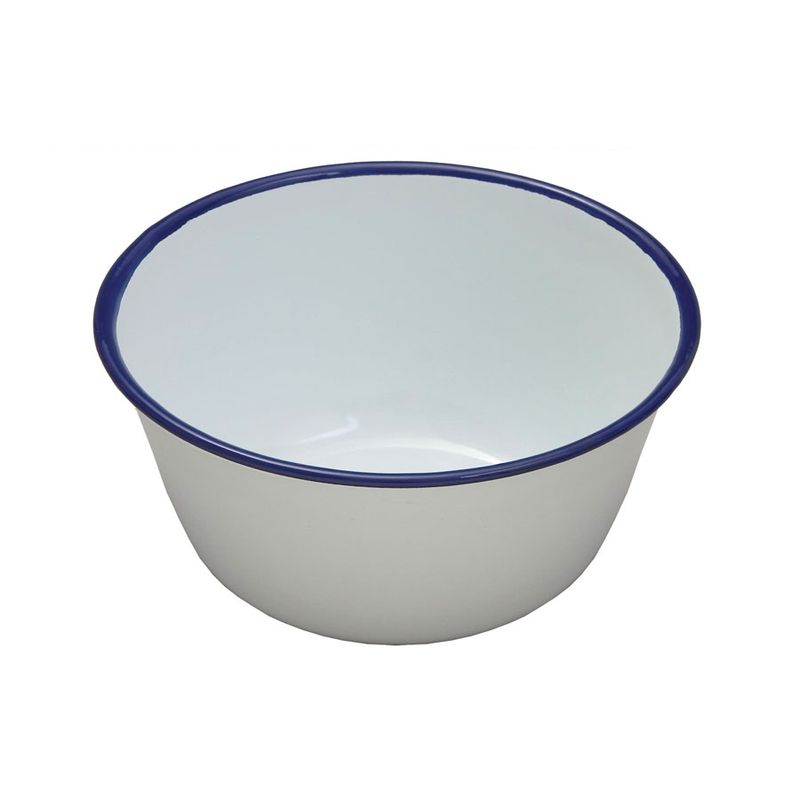 Enamel Round Pudding Basin White & Blue Rim 14cm