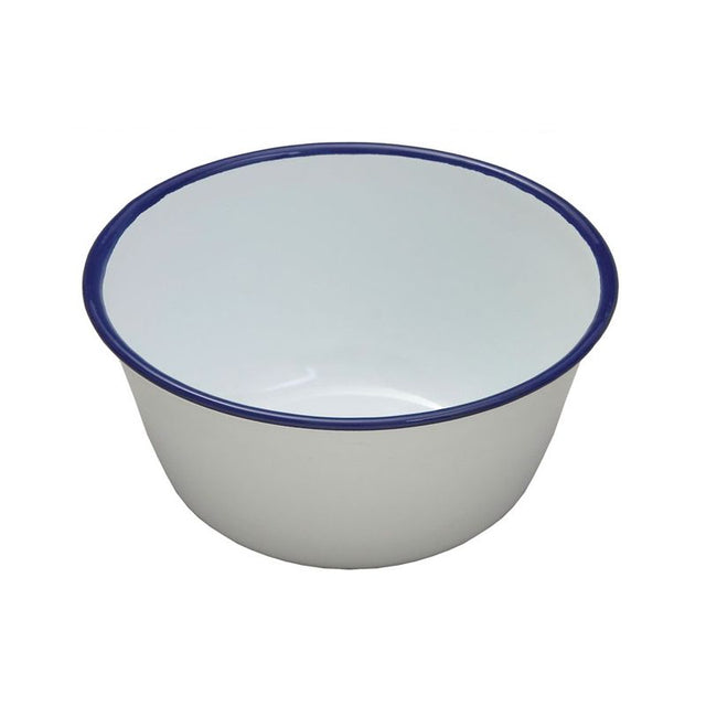 Enamel Round Pudding Basin White & Blue Rim 14cm